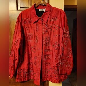 CHICO'S DESIGN RED 100% Silk India Embroidered Beaded Button Jacket Sz3...XL EUC